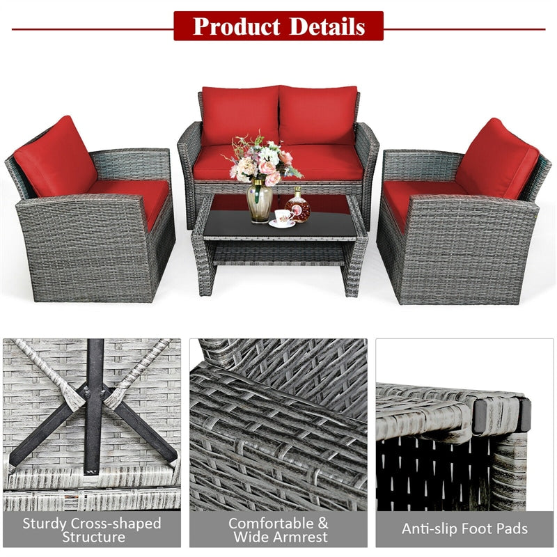 4 Pcs Rattan Patio Sectional Furniture Set with Storage Shelf Table, Cushioned Outdoor Wicker Conversation Sofa Set