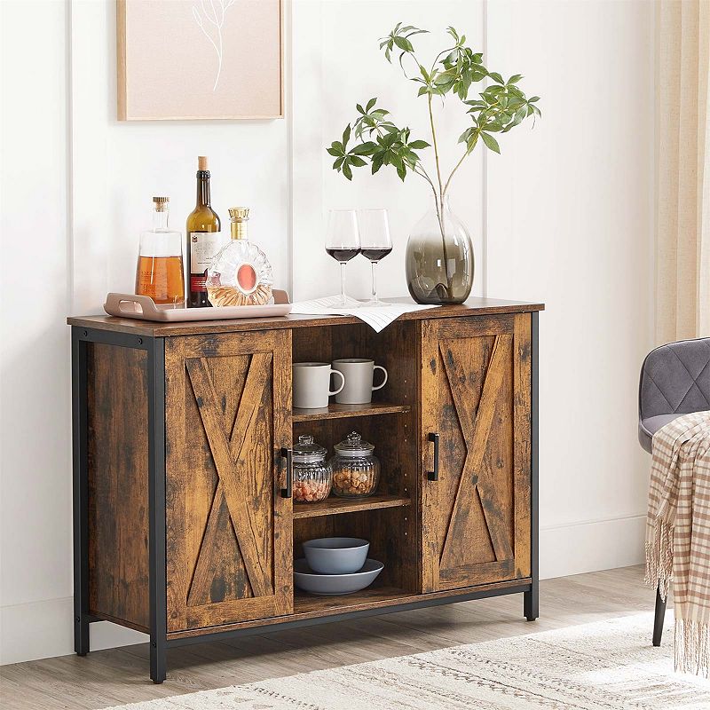 Rustic Farmhome 2 Barn Door Sideboard With Cupboard And Shelves