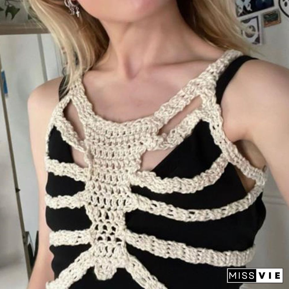 Skeleton Corset Crop Tops Y2K Gothic Clothes Crochet Hollow Out Tanks Women Summer Tee 2000S Aesthetic T Shirt Ropa Gotica Mujer