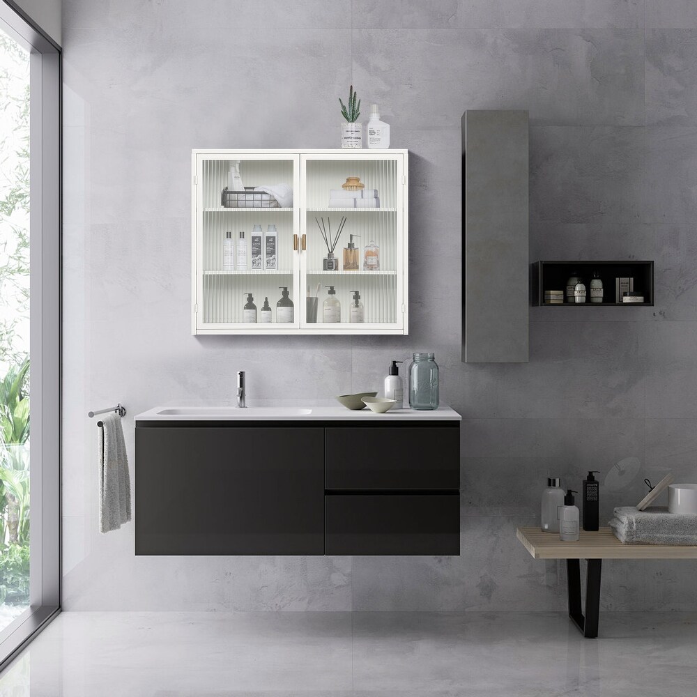 Glass Doors Modern Wall Cabinet with Featuring Three tier Storage