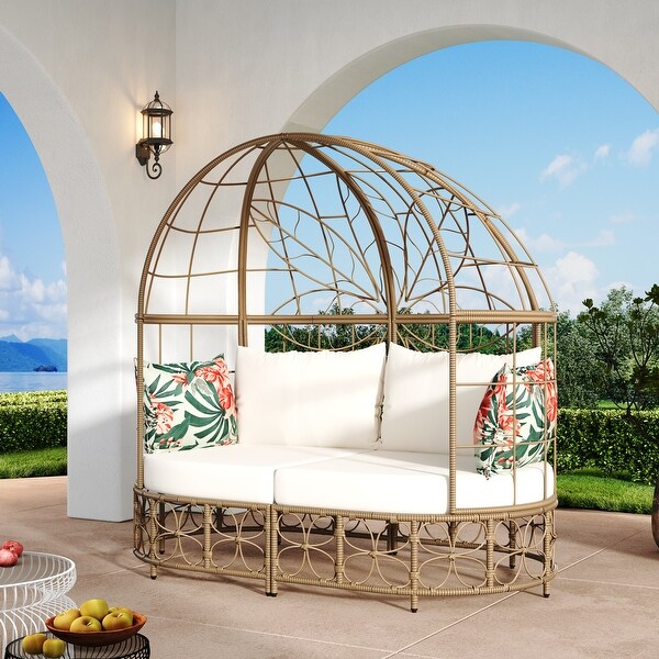 Outdoor Wicker Patio Daybed Sunbed with Curtain and Floral Pattern