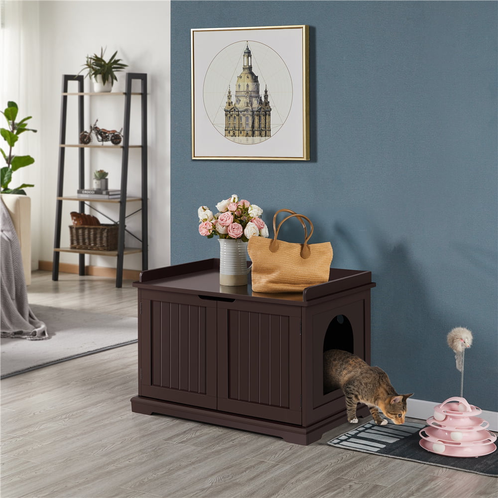 SmileMart Wooden Pet Litter Box End Table with Door Espresso