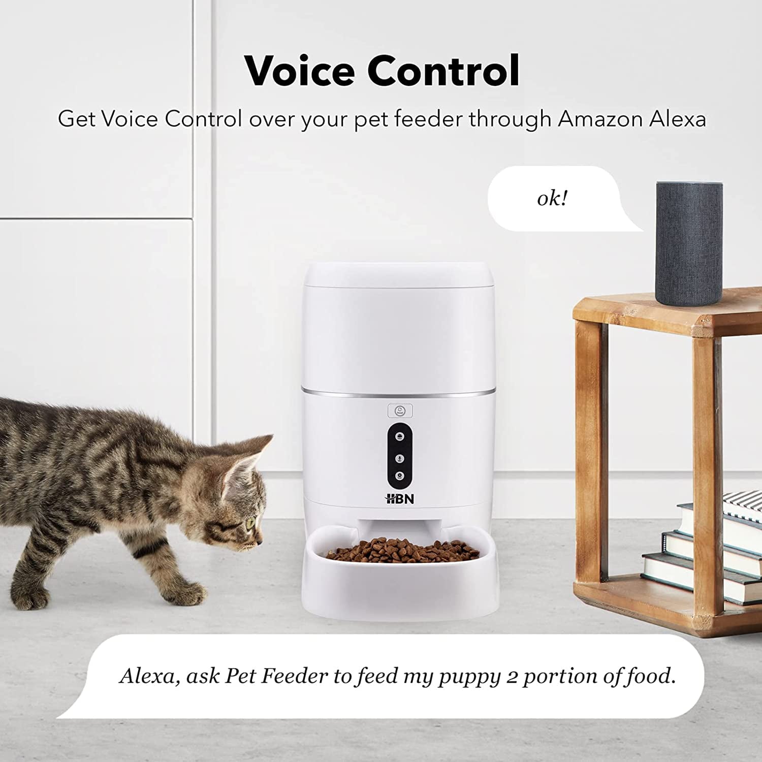 HBN Automatic Cat Feeder， 6L Smart Cats Dogs Feeder， Auto Pet Food Dispenser with Portion Control and Voice Recorder， 2.4G Wi-Fi Enabled App Control