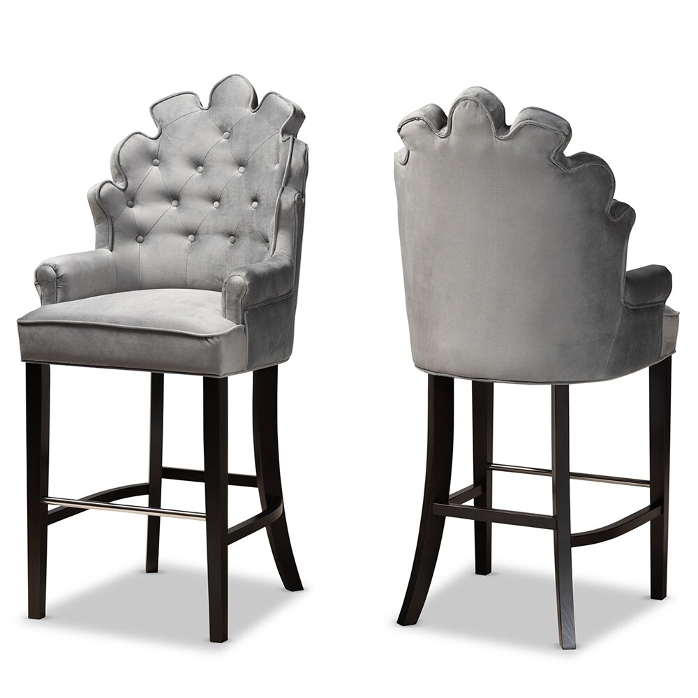 Chloe Modern and Contemporary Dark Grey Velvet Upholstered and Dark Brown Finished Wood 2 Piece Bar Stool Set