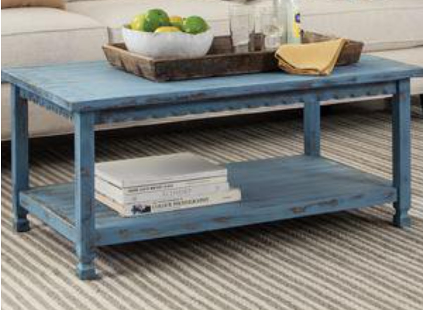 Farmhouse Coffee Table  Rectangular Top With Lower Open Shelf  Distressed Blue   Farmhouse   Coffee Tables   by Declusia  Houzz