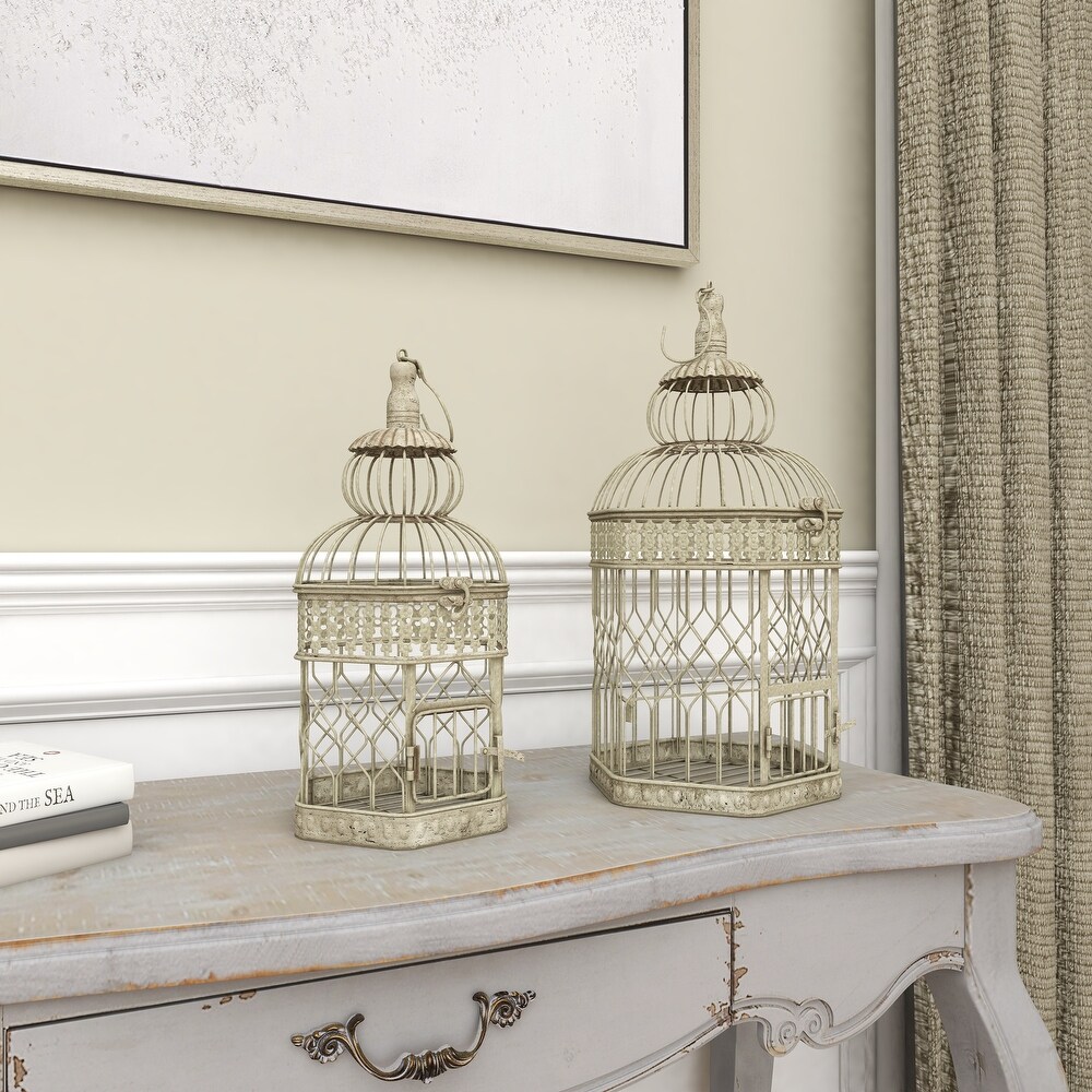 Cream Metal Vintage Birdcage with Latch Lock Closure and Hanging Hook (Set of 2)   10 x 10 x 21