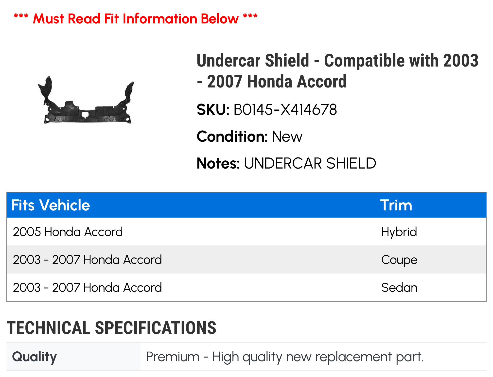 Undercar Shield - Compatible with 2003 - 2007 Honda Accord 2004 2005 2006