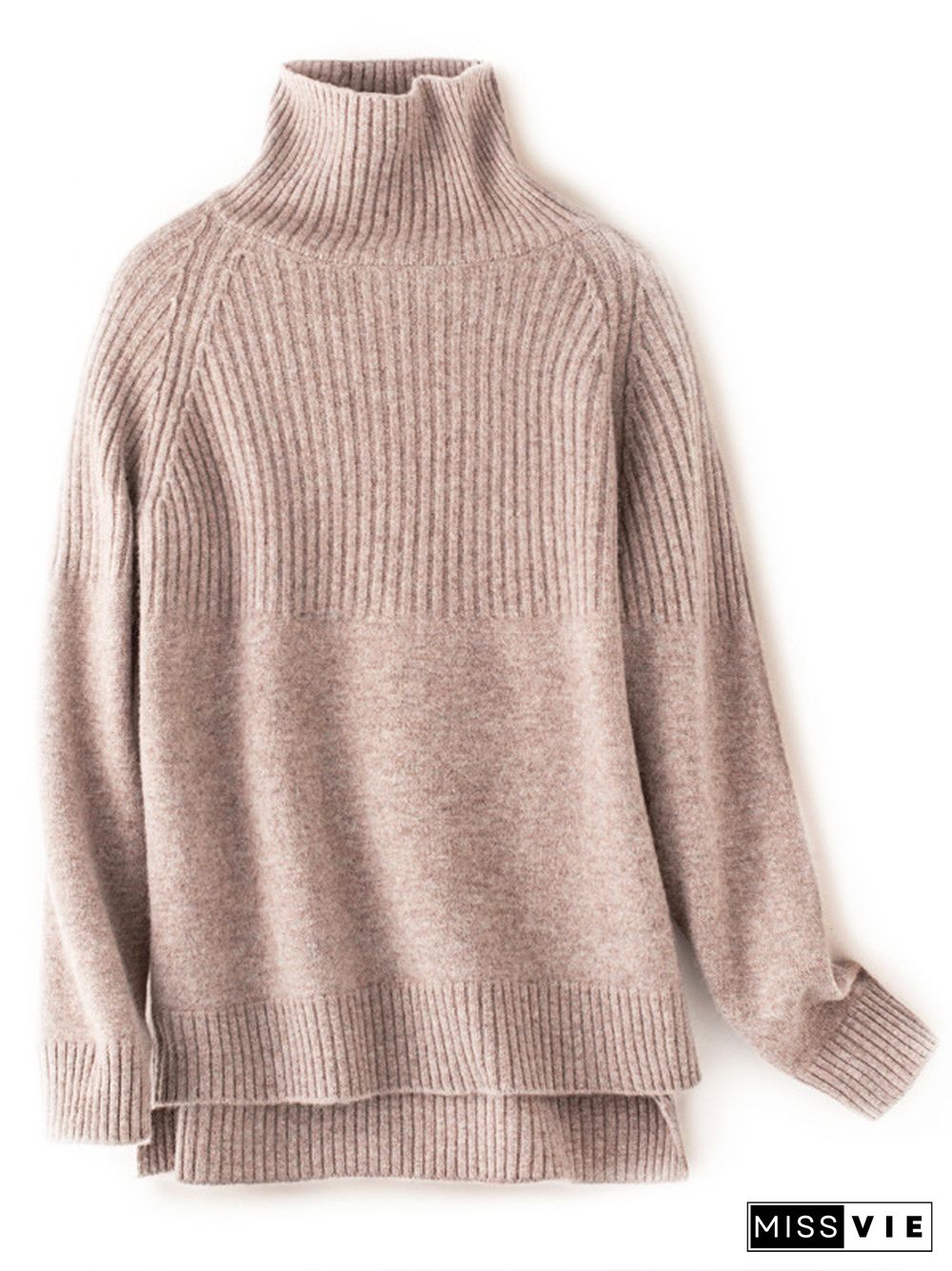 Casual Long Sleeves Loose Solid Color High-Neck Sweater Tops