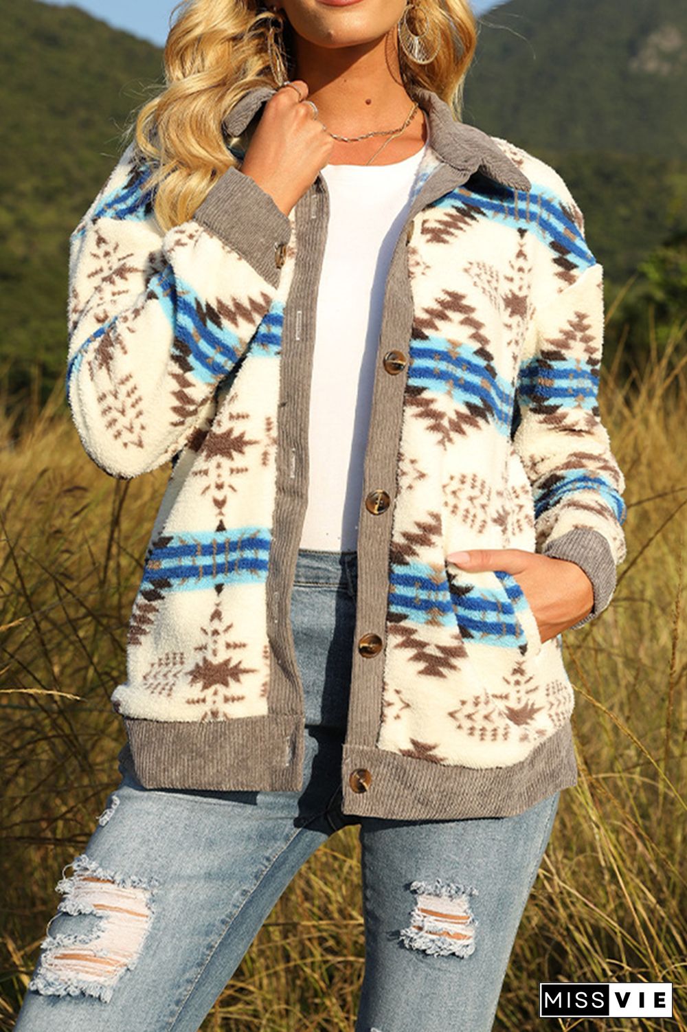 Aztec Print Turn Down Collar Single-breasted Jacket Coat Wholesale