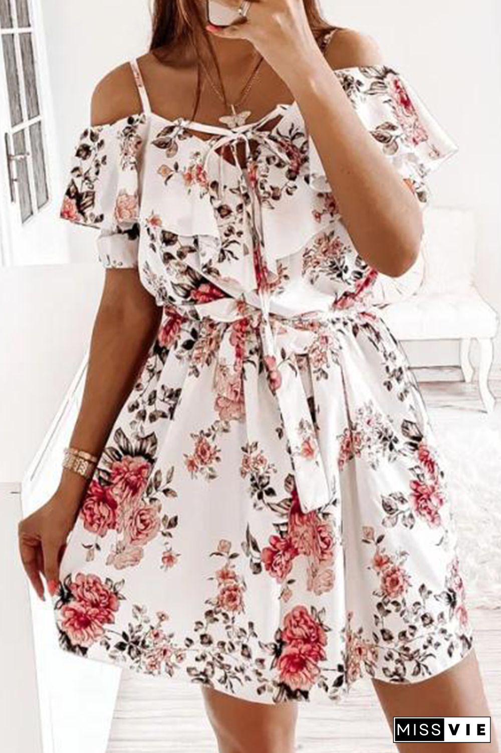 Elegant Floral Frenulum Flounce V Neck A Line Dresses