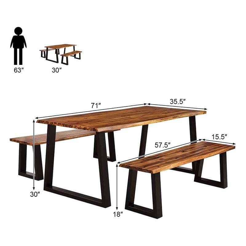 3 Pcs Rustic Acacia Wood Dining Table Set with 2 Benches, Indoor & Outdoor Picnic Table Bench with Metal Legs