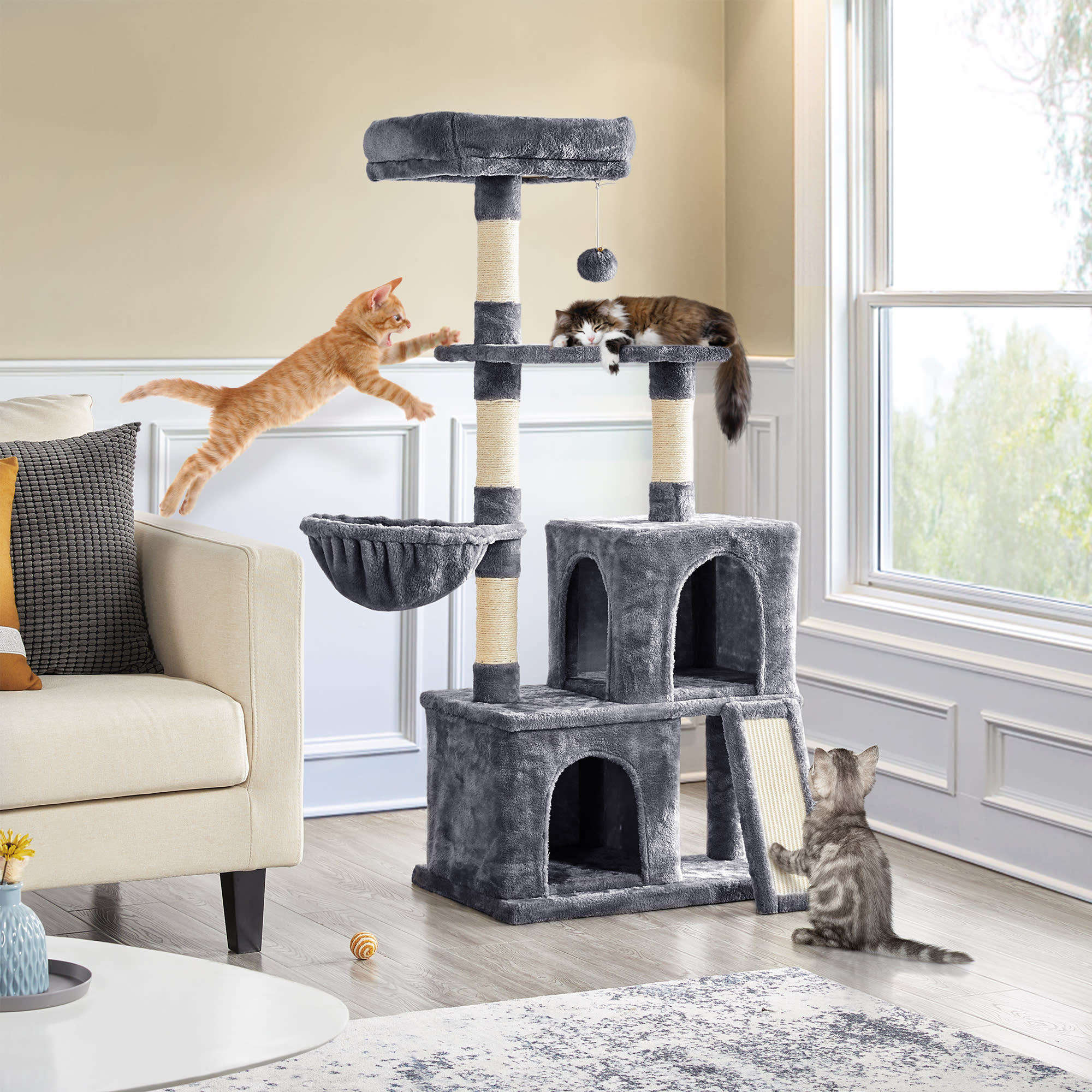 Topeakmart Dark Gray Plush Cat Tree with 2 Condos for Kittens， 53.5