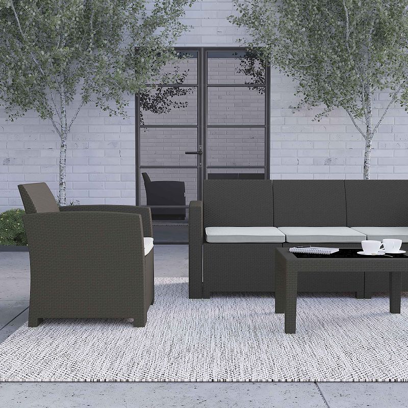 Merrick Lane Vivian 4 Piece Faux Rattan Patio Furniture Set with 2 Chairs and Sofa with Removable Beige Cushions and Table