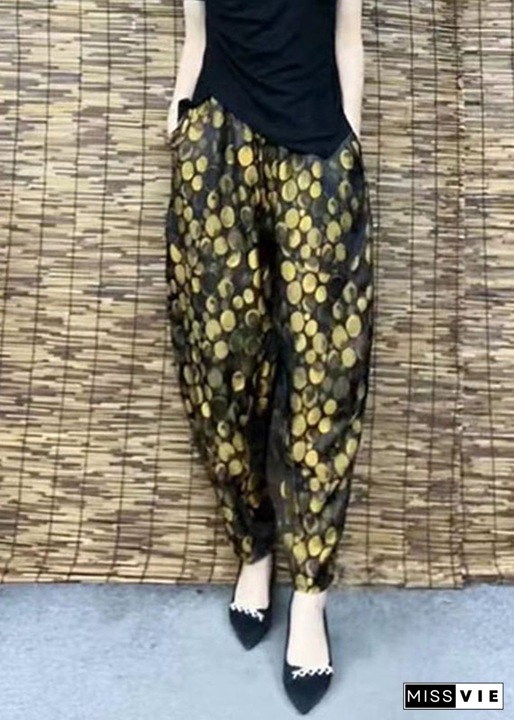 DIY Yellow Pockets Print Elastic Waist Harem Pants Summer