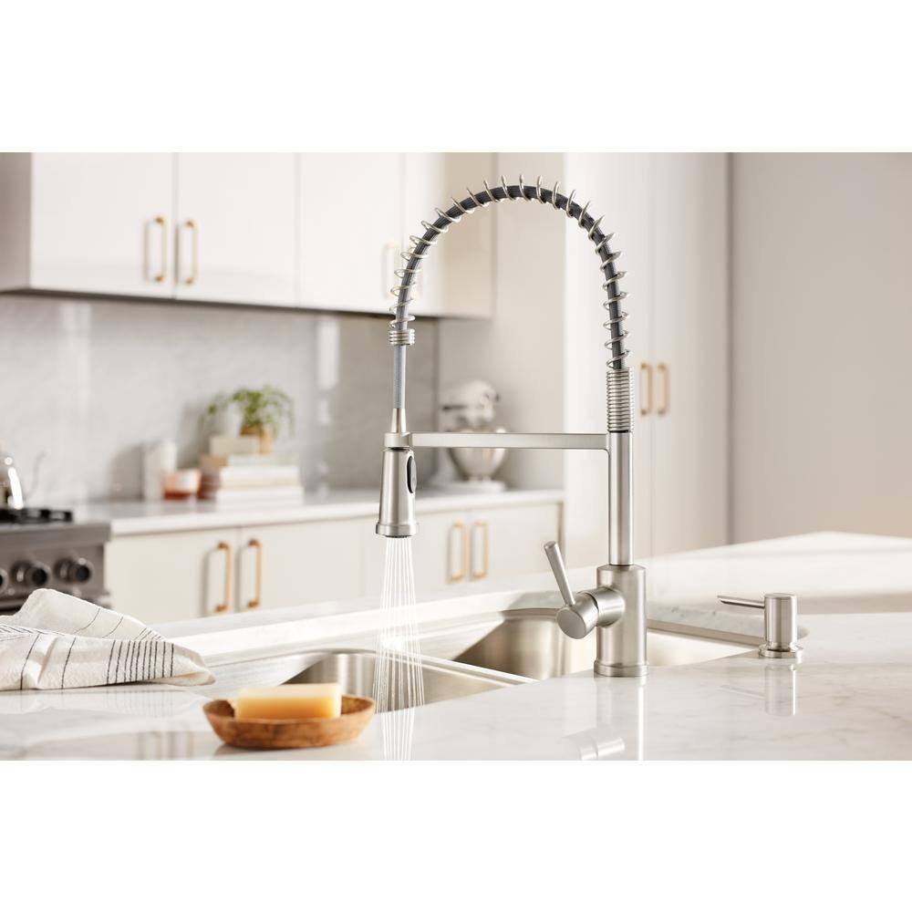 MOEN Indi Single-Handle Pre-Rinse Spring Pulldown Sprayer Kitchen Faucet with Power Clean in Spot Resist Stainless 87194SRS