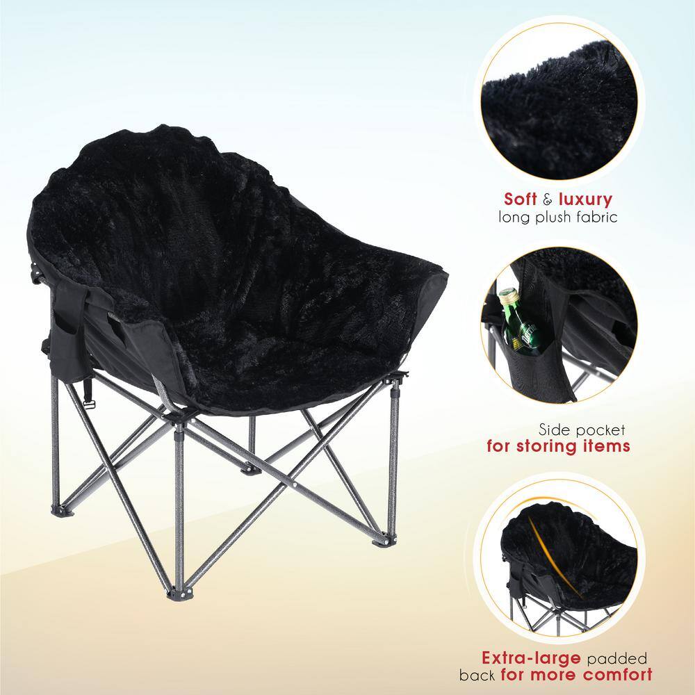 PHI VILLA Folding Luxury Plush Moon Camping Chair Heavy-Duty Saucer Chair With Carrying Bag Soft Black Pedded Outdoor and Indoor THD-E01CC0401-00409