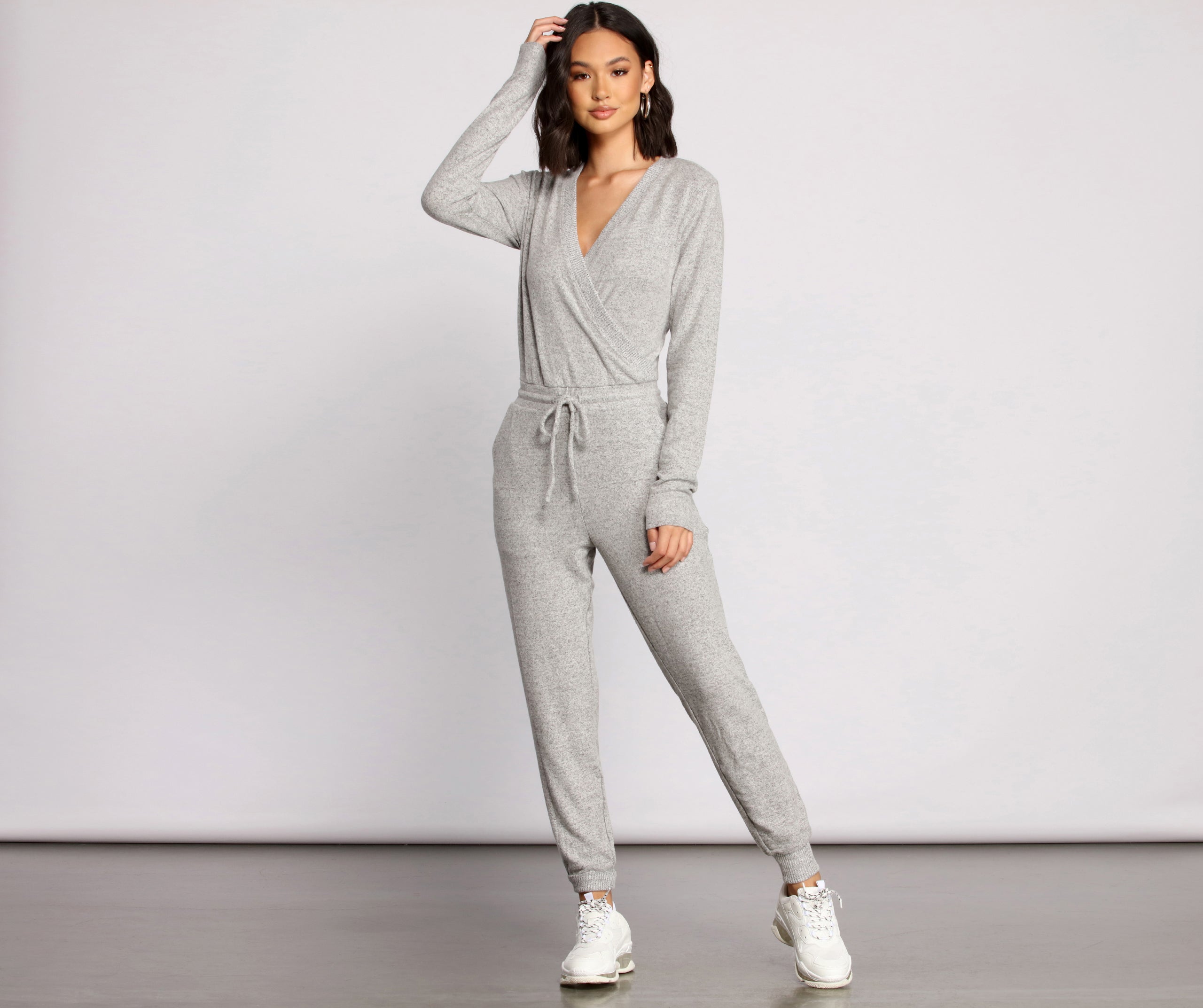 Feeling Casual Ribbed Surplice Jumpsuit