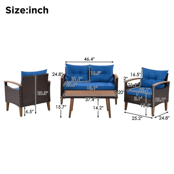 4-Piece PE Rattan Patio Sofa Set， Wood Table and Legs - Overstock - 37510708