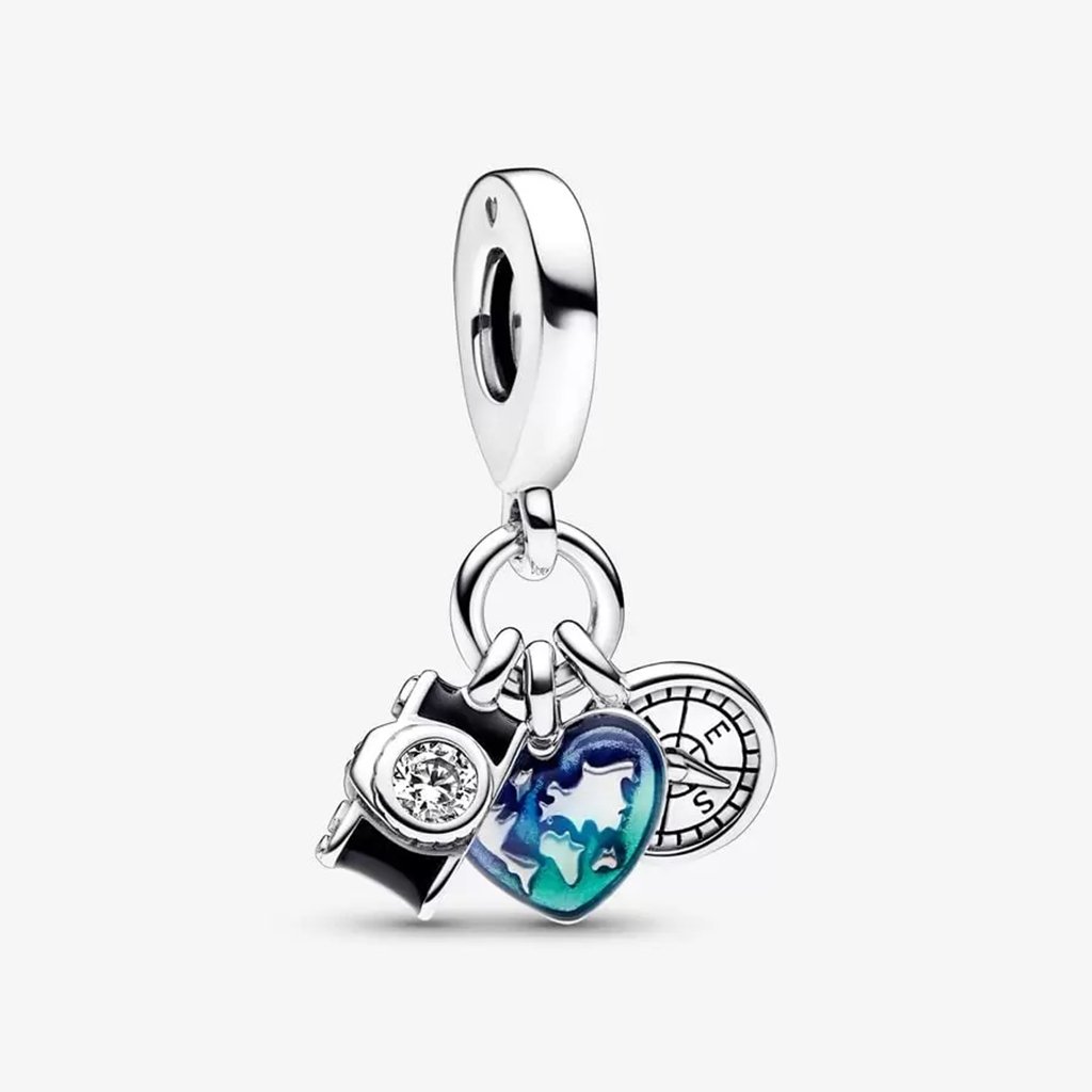 PANDORA  Camera, Heart & Compass Triple Dangle Charm