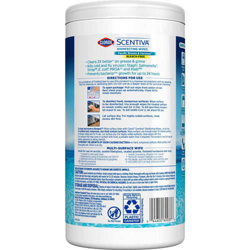 Clorox Scentiva Bleach-Free Disinfecting Wipes - Ready-To-Use Wipe - Pacific Breeze and Coconut Scent - 75