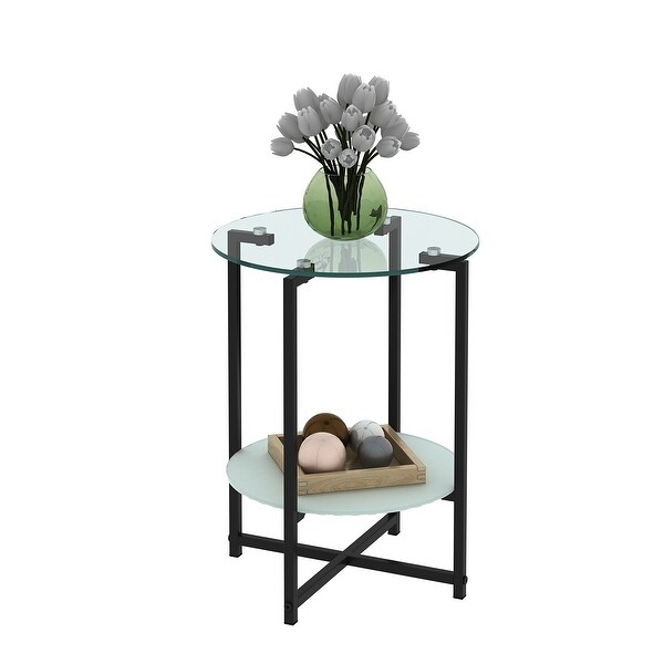 2-layer Round Tempered Glass End Table for Living Room