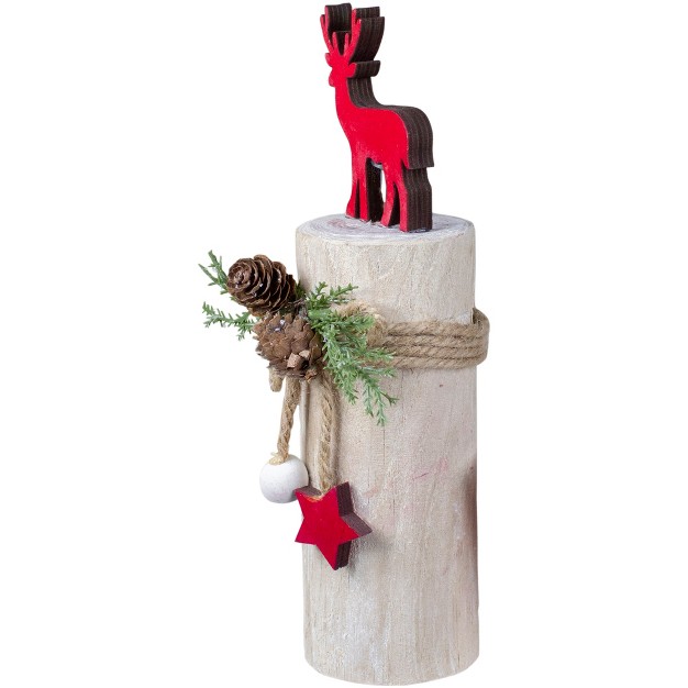 Red Reindeer On Wooden Log Tabletop Christmas Decoration