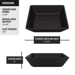 VIGO Roma Modern Black Matte Shell Glass 16 in. L x 16 in. W x 4 in. H Square Vessel Bathroom Sink VG07109