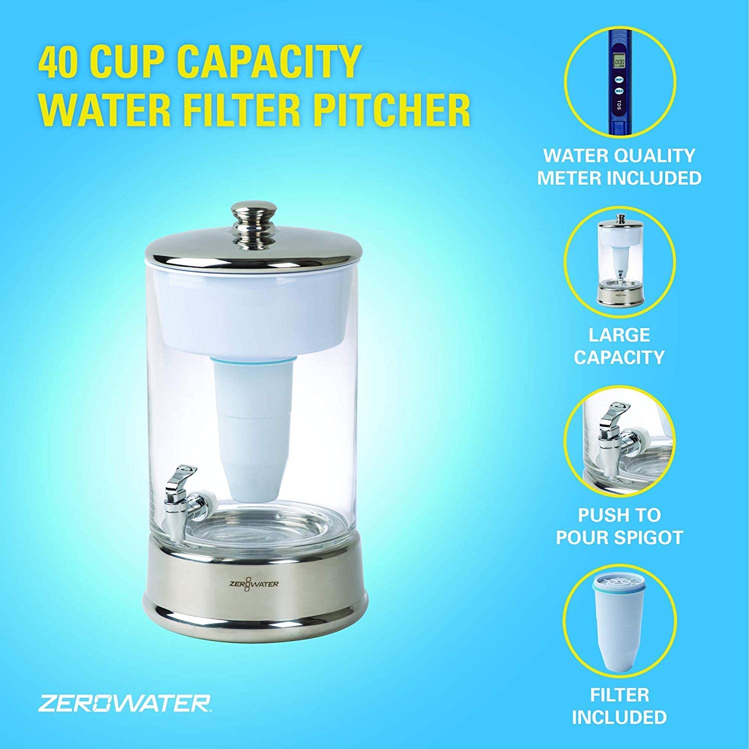 40 Cup Ready-Pour Glass Dispenser BPA-Free with Free Water Quality Meter NSF Certified