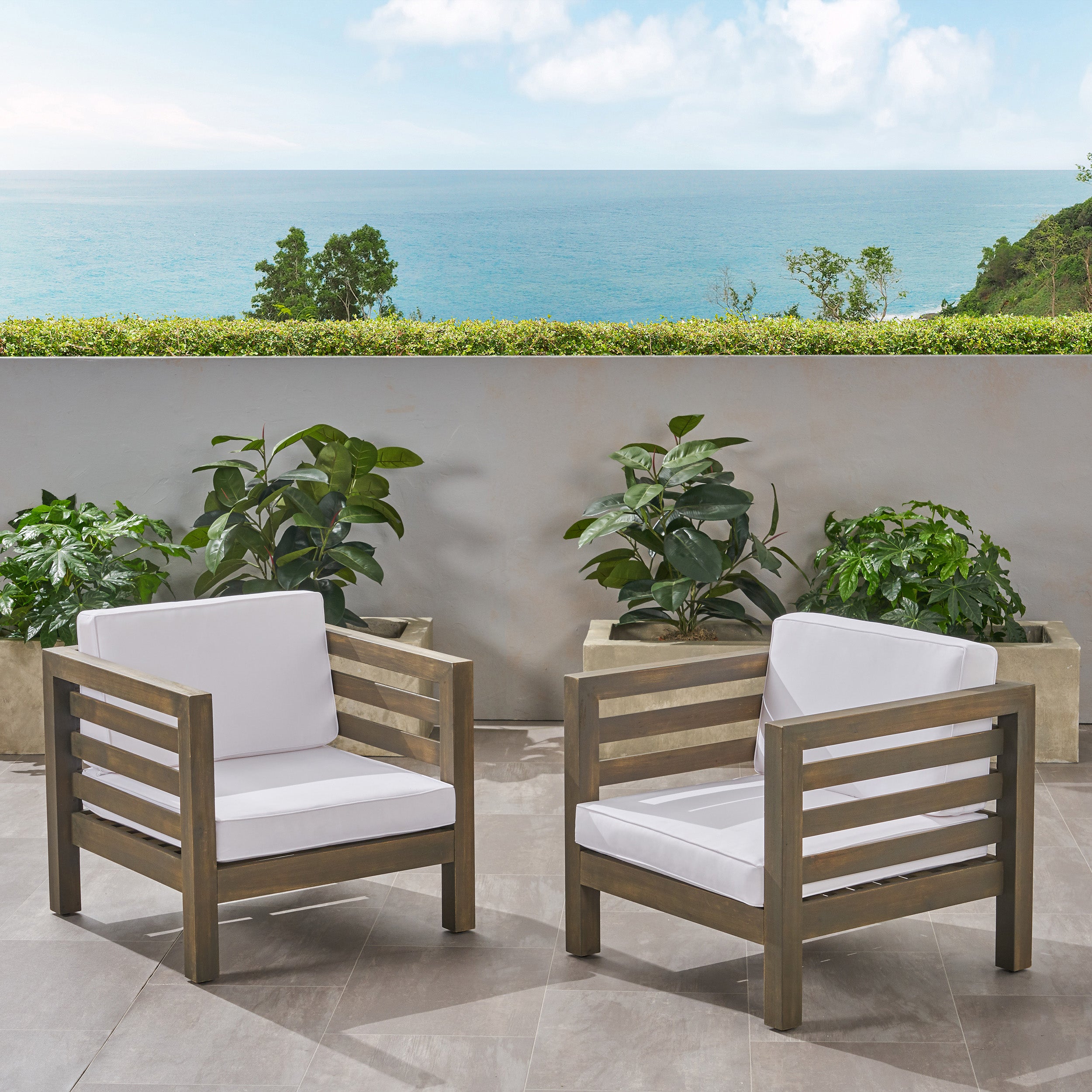 Louise Outdoor Acacia Wood Club Chairs with Cushions (Set of 2)