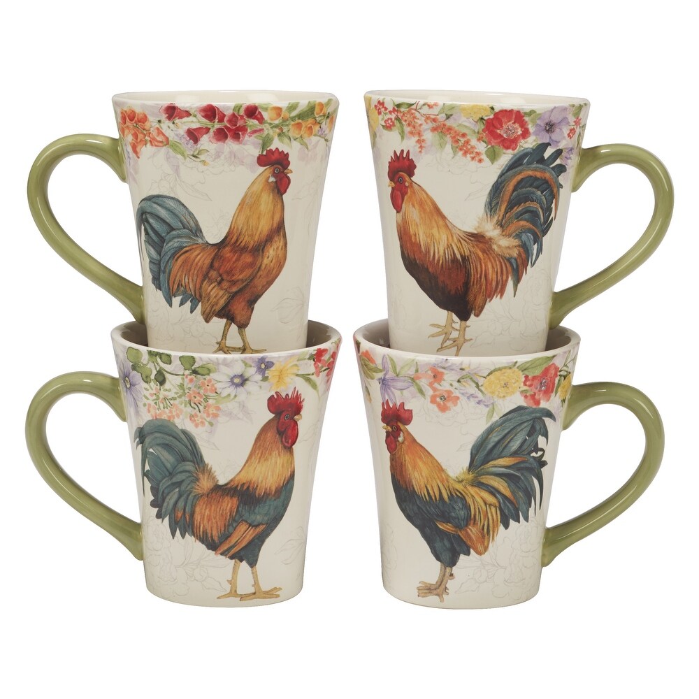 Certified International Floral Rooster 20 oz. Mugs  Set of 4 Assorted Designs