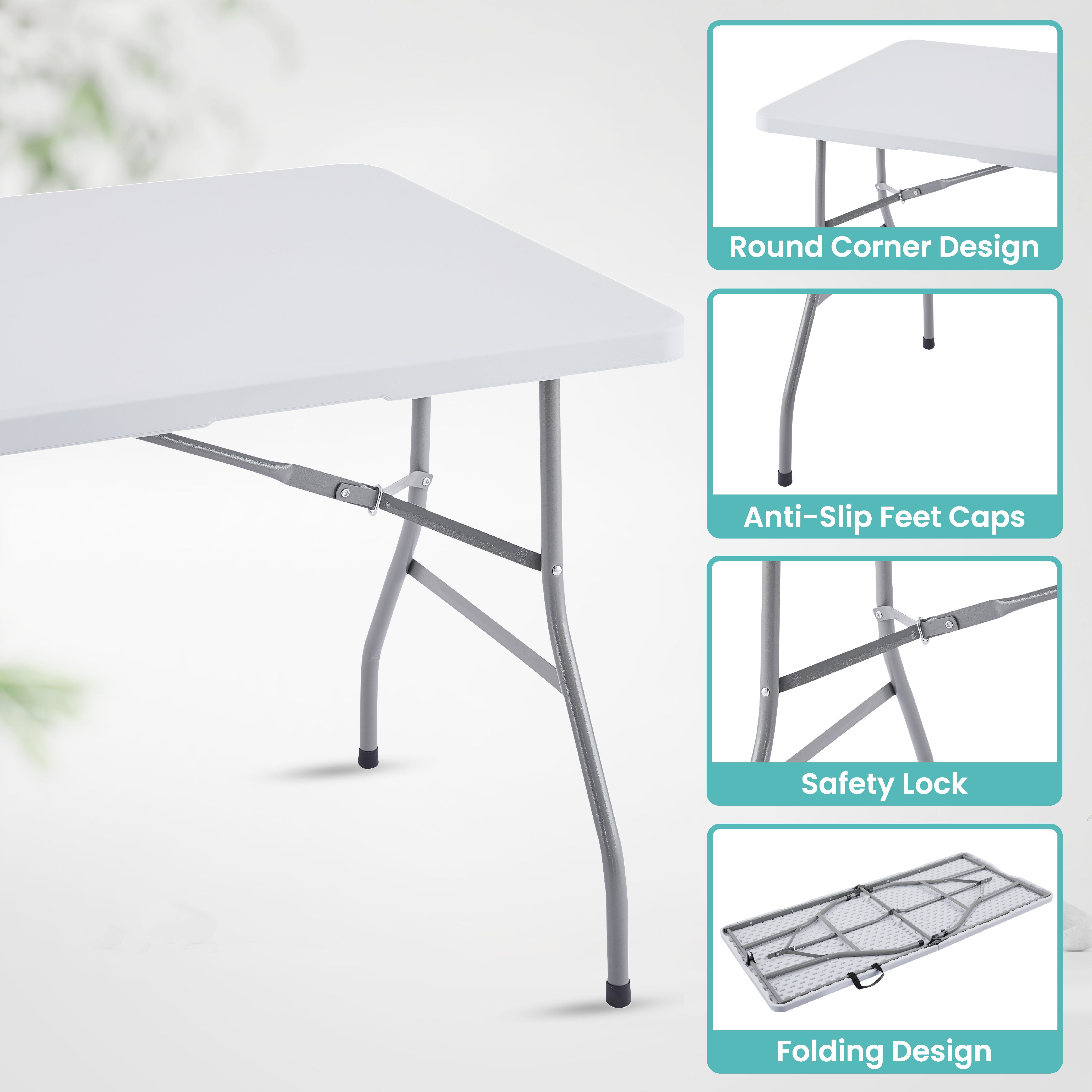 Naomi Home Folding Table 5ft Foldable Table Dinner Table Collapsible Portable Tables Folding Multipurpose Rectangular Resin Fold Up Table 5 Foot for Outdoor Camping Picnic Party- White