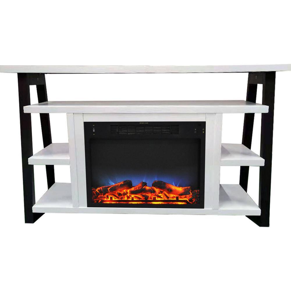 Hanover Industrial Chic 53.1 W in. Freestanding Electric Fireplace TV Stand in White and Black with Enhanced Log Display FS5332-1BWTL2