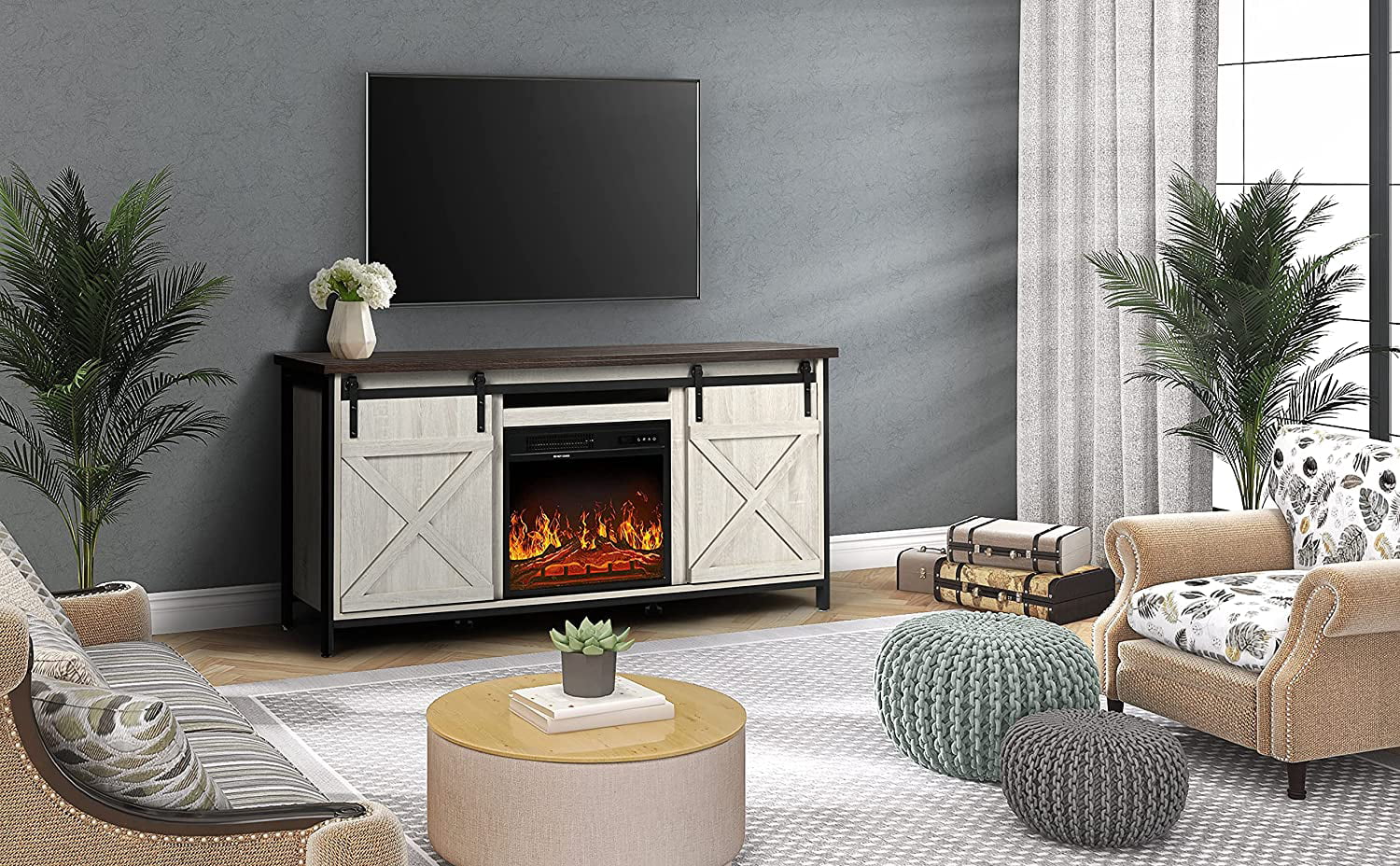 58 Electric Fireplace White TV Stand Up to 65 Inch TV, Entertainment Center with Storage, Sliding Barn Door & Adjustable Shelf, Living Room Bedroom Kitchen