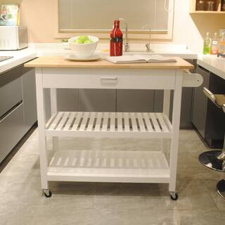 White Mobile Kitchen Island with 1-Big Drawer 2-Lockable Wheels Simple Design to Display Foods and Utensil Clearly KIW-10105