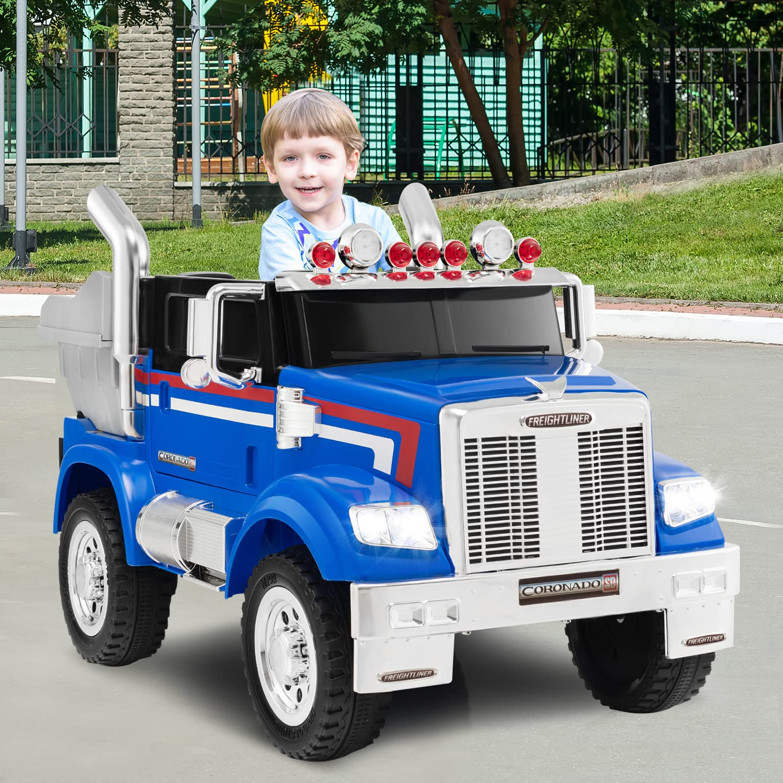 Costzon Electric Car for Kids, 12V Licensed Freightliner Ride on Dump Truck w/ Remote Control, Rear Loader