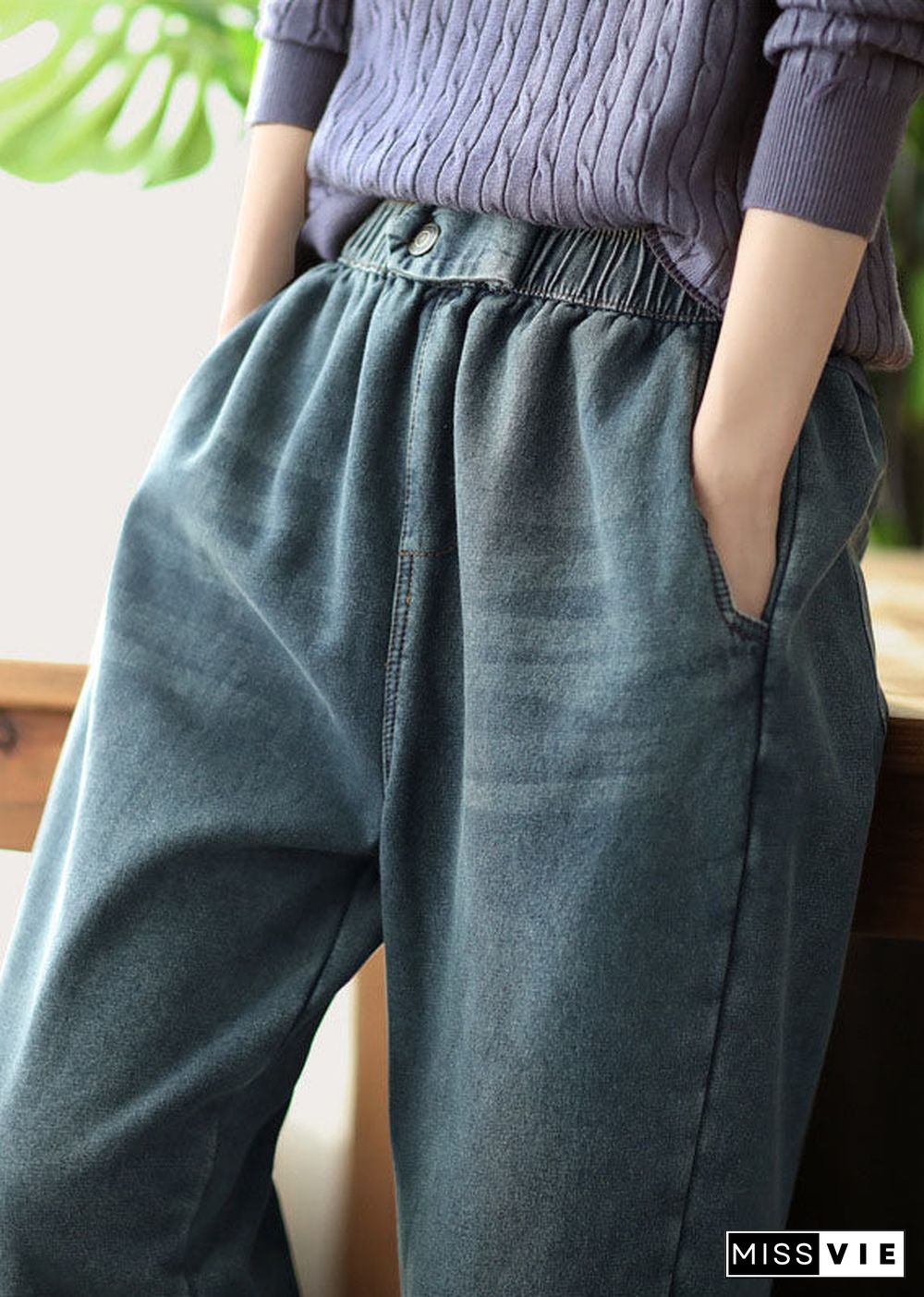 Boho Denim Blue Elastic Waist Pockets Thick Warm Fleece Harem Pants Winter