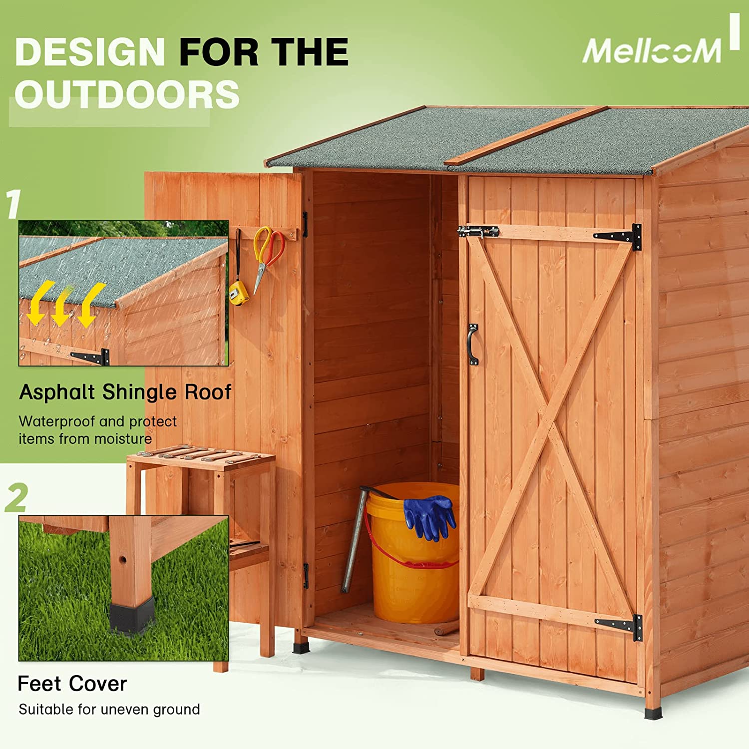 Mellcom Wooden Garden Storage Shed, Outdoor Tool Shed with Asphalt Roof for Patio, Garden, Backyard, Lawn