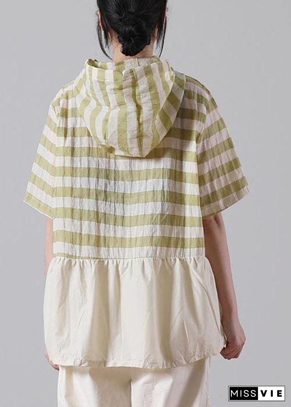 Chic Green Striped Oversize Cotton Linen Summer Shirt