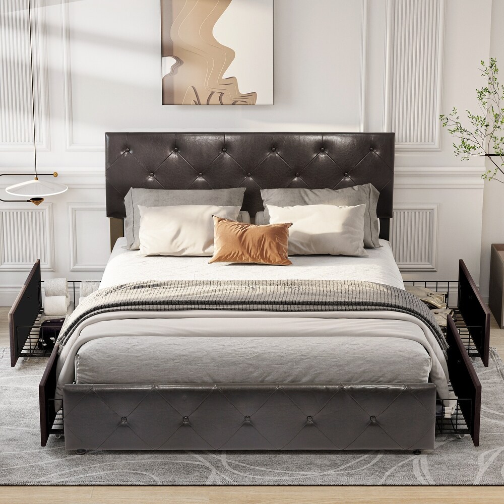 PU Tufted Upholstered Headboard Platform Bed Frame with Storage Drawer