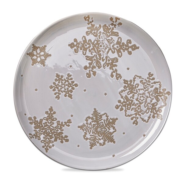 Falling Snow Platter Winter Gold Snowflake 14inch Round White Dolomite