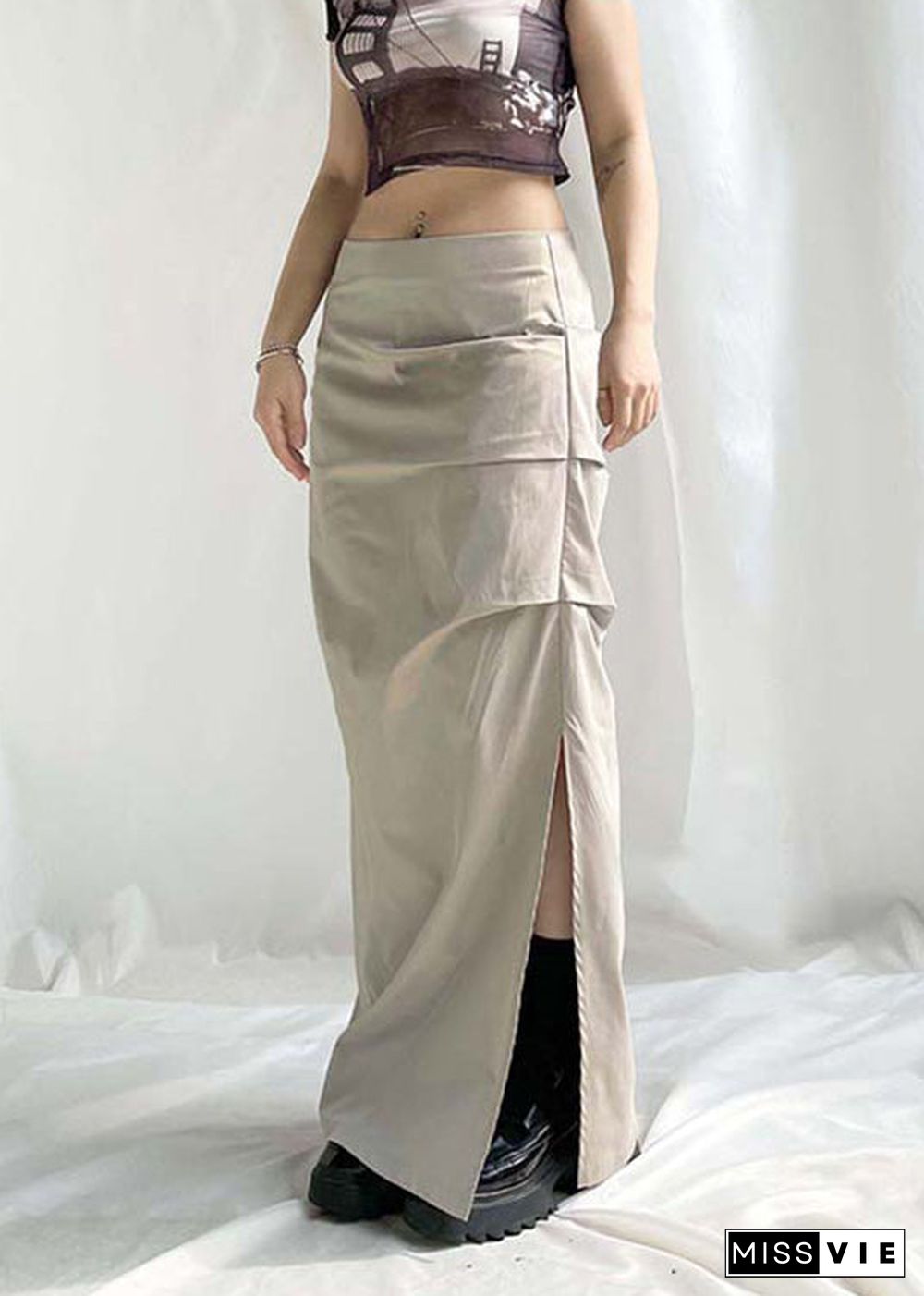 Women Khaki Wrinkled Side Open High Waist Patchwork Cotton Skirts Fall