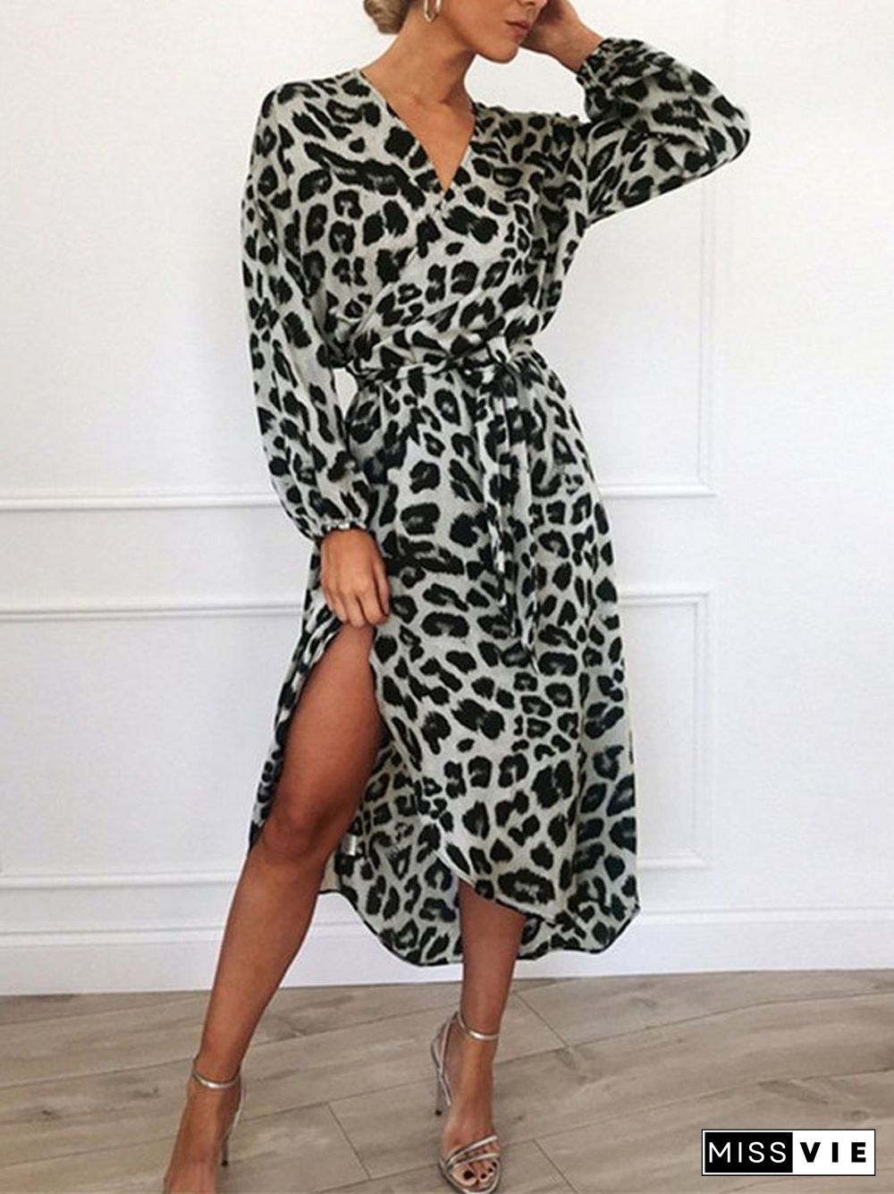 Sexy V-neck Leopard Print Long Sleeve Chiffon Dress