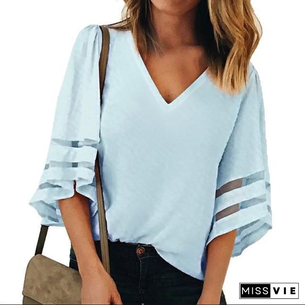 Women V Neck Flared Sleeves Mesh Patchwork Plus Size Casual Loose Mesh Blouse Tops