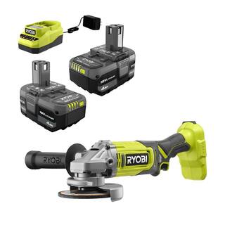 RYOBI ONE+ 18V Lithium-Ion 4.0 Ah Compact Battery (2-Pack) and Charger Kit with FREE Cordless ONE+ 4-12 in. Angle Grinder PSK006-PCL445B