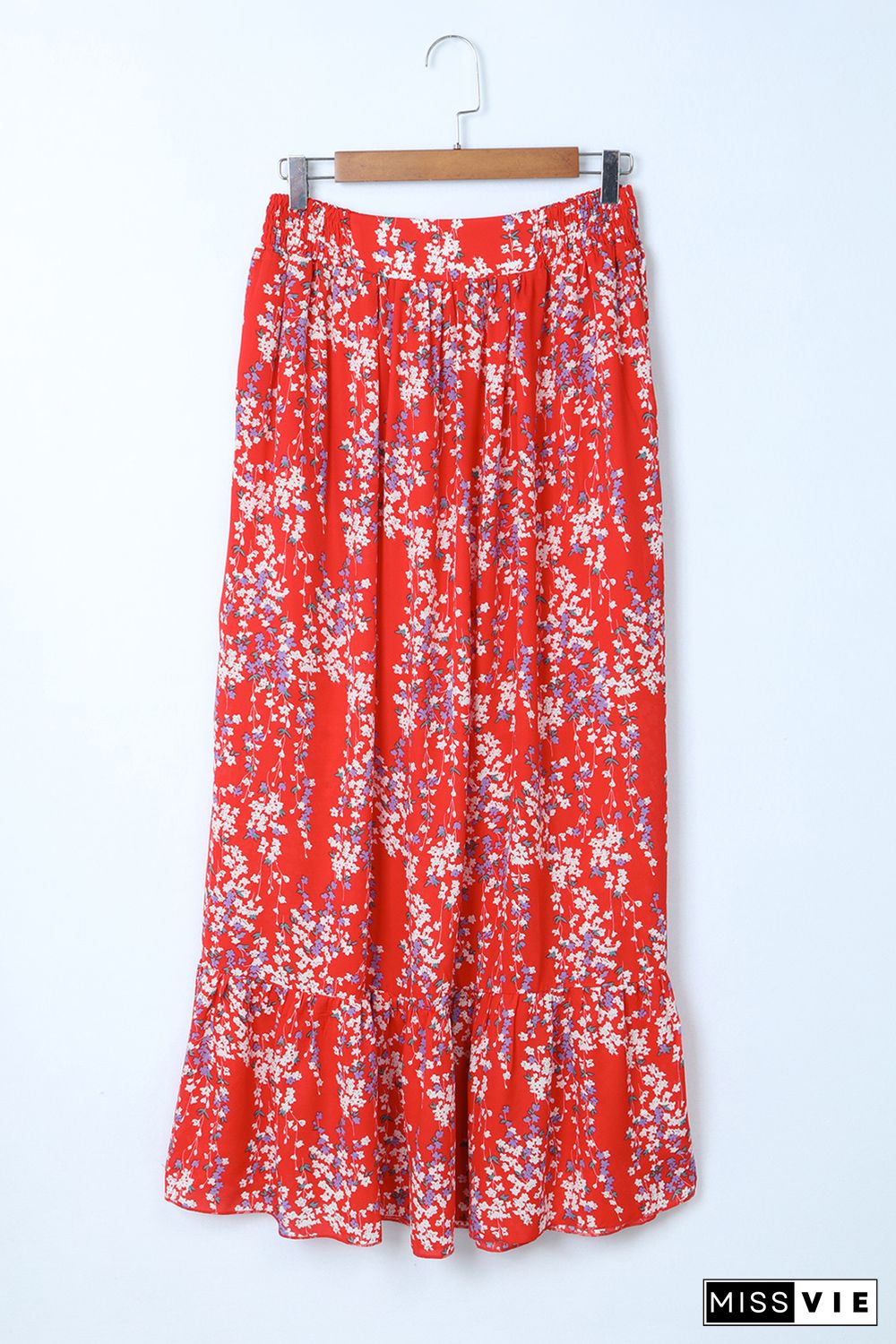 Red Multicolor Floral Ruffled Crop Top and Maxi Skirt Set