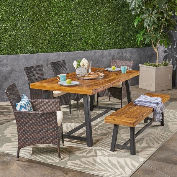 Boden Outdoor 6 Piece Wood and Wicker Dining Set with Chairs and Bench by Christopher Knight Home