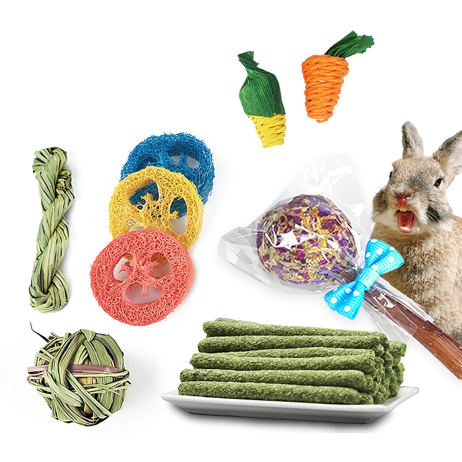 14pcs Rabbit Chew Toys Set Wooden Timothy Hay Sticks Flower Lollipops Guinea Pigs Chinchillas Hamster Molar Balls Entertainment Accessories