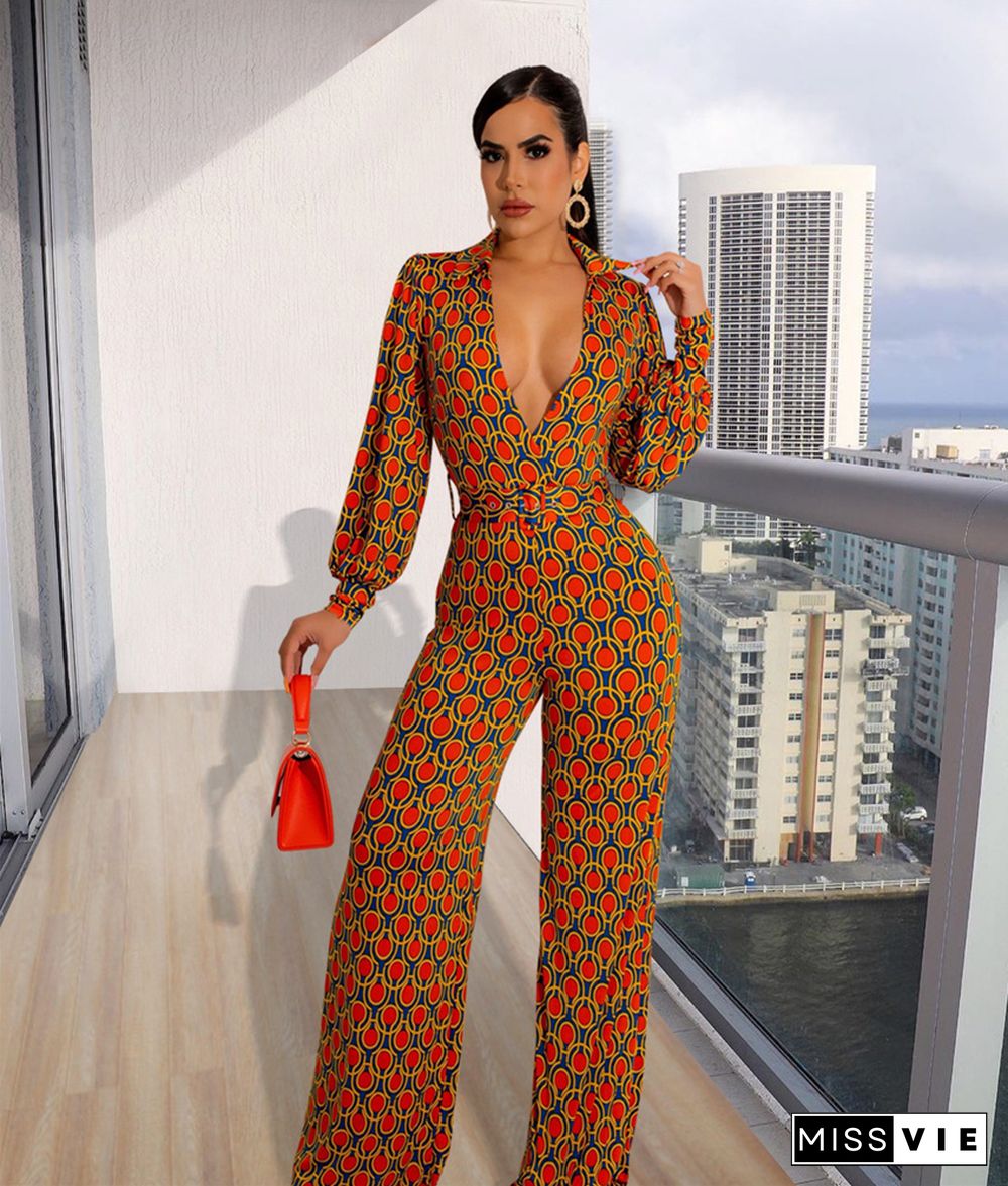 Deep V Long Sleeve Print Wide Leg Jumpsuits