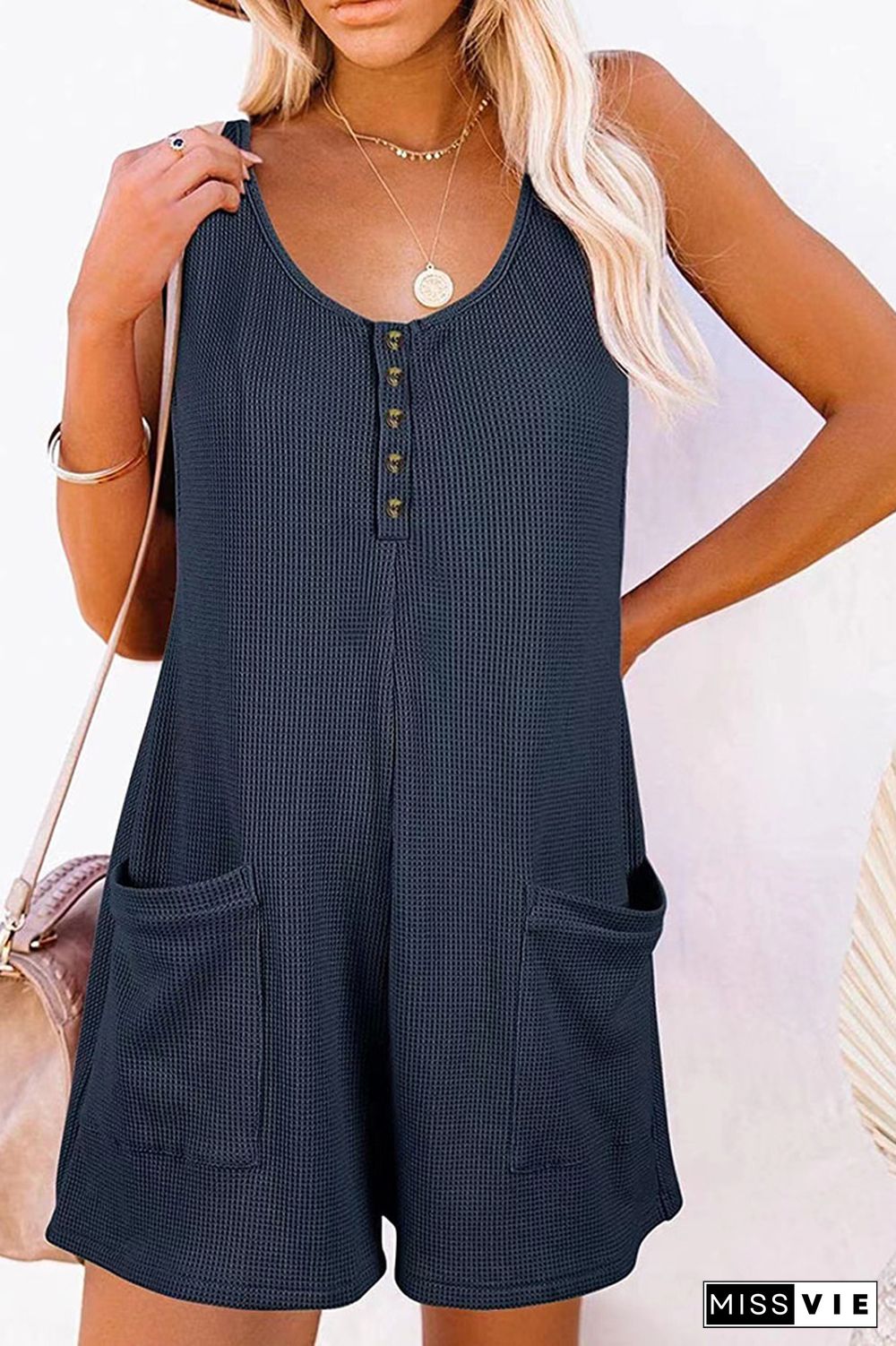 Sleeveless Button Waffle Romper with Pockets