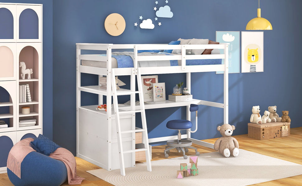 Euroco Twin Loft Bed with Desk for Child, White